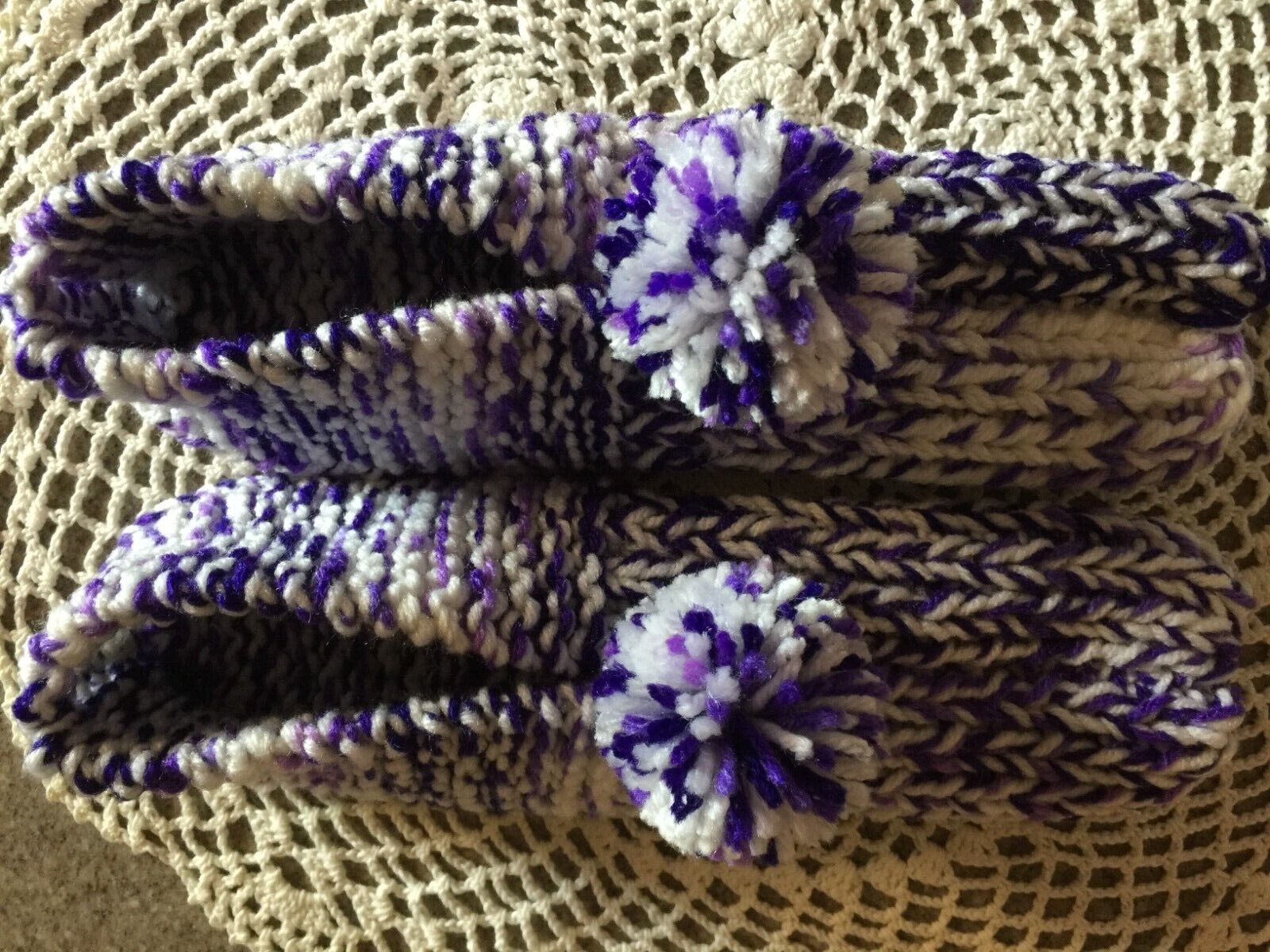 New Handmade Knit House Slippers Purple/White Mix Wms X Lg Mans Med/Lg 10