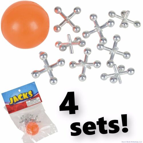 4 Sets Of Metal Steel Jacks With Super Red Rubber Ball Game Classic Toy Kids