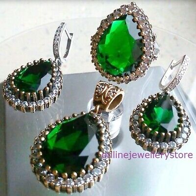 925 Silver Emerald Pear Jewelry Set Ring Earrings Pendant Green Hurrem Sultan