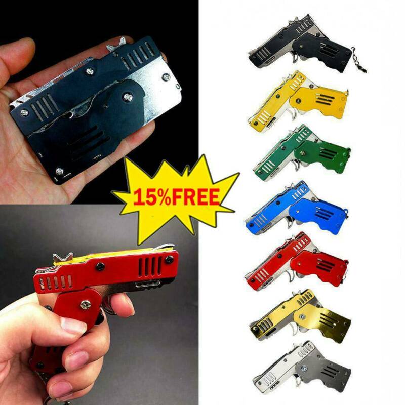 Rubber Band Gun Mini Metal Folding 6-shot With Keychain And Rubber Band 100+ Hot