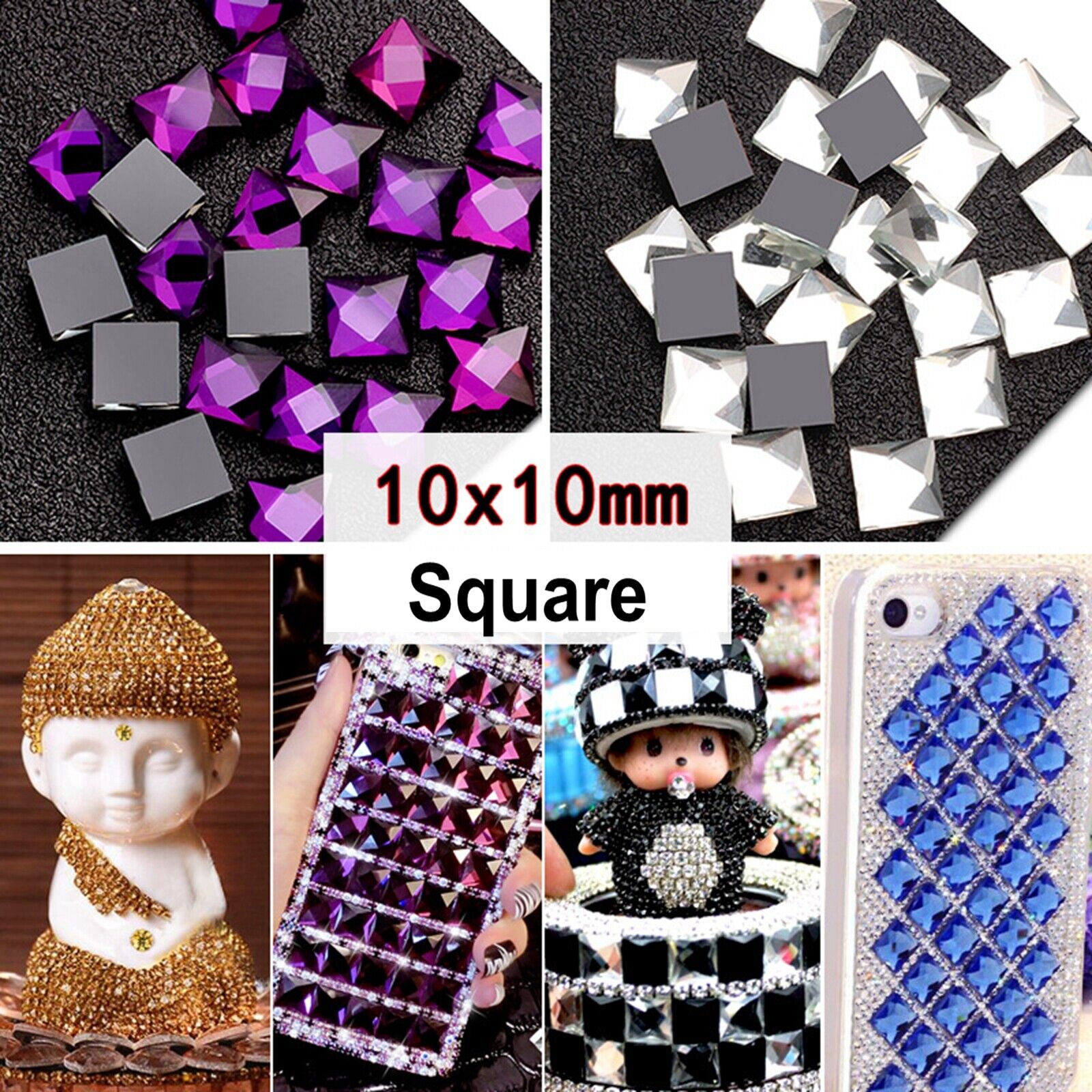 100 Faceted Square Flatback Glass Crystal Rhinestone Gem 10x10mm Craft Tiles Art