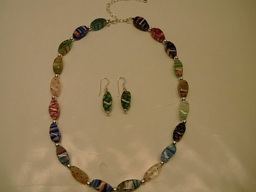 Ladies' Italian Glass19" Sterling Silver Beaded Adj. Necklace & 1 1/4" Earrings