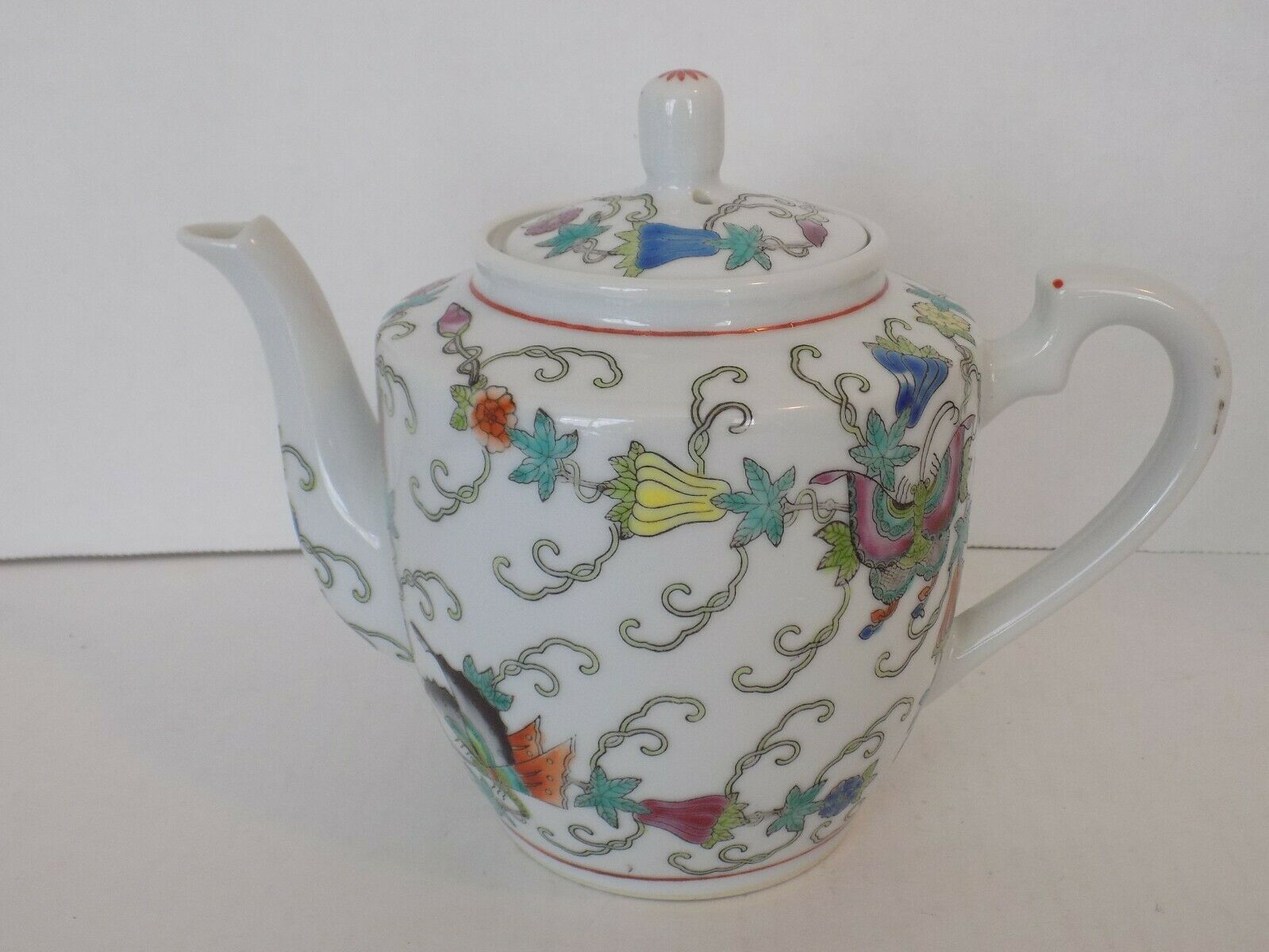 Chinese Jingdezhen Porcelain Teapot Hand Painted Butterfly Famille RoseÂ 1970