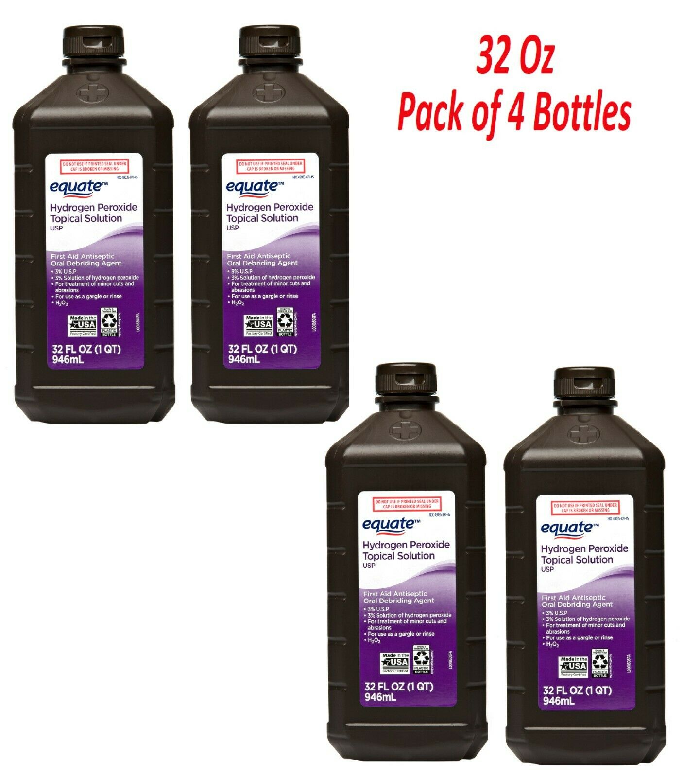 Equate 3% Hydrogen Peroxide Topical Solution, 32 Fl Oz 4 Pack